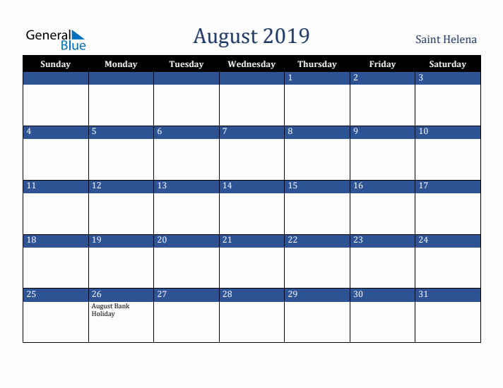 August 2019 Saint Helena Calendar (Sunday Start)