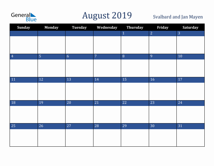 August 2019 Svalbard and Jan Mayen Calendar (Sunday Start)