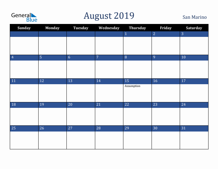 August 2019 San Marino Calendar (Sunday Start)