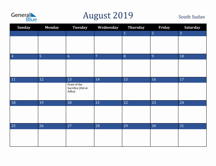 August 2019 South Sudan Calendar (Sunday Start)