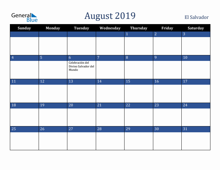 August 2019 El Salvador Calendar (Sunday Start)
