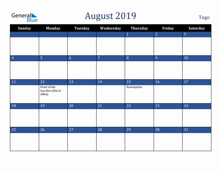 August 2019 Togo Calendar (Sunday Start)
