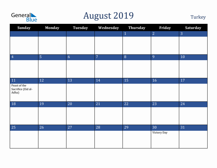 August 2019 Turkey Calendar (Sunday Start)