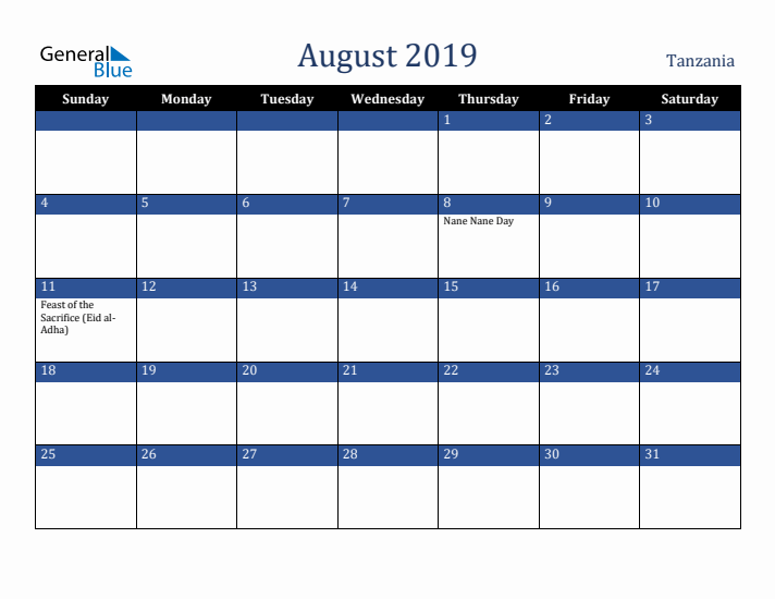 August 2019 Tanzania Calendar (Sunday Start)