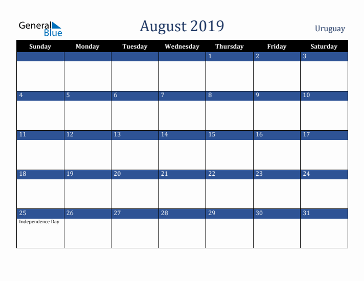 August 2019 Uruguay Calendar (Sunday Start)
