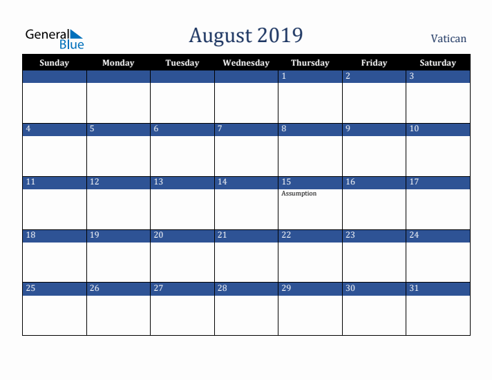 August 2019 Vatican Calendar (Sunday Start)