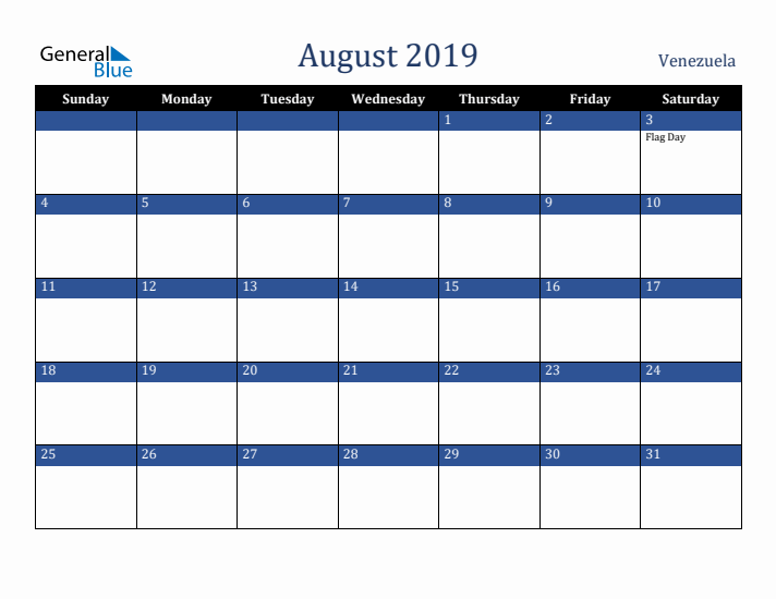 August 2019 Venezuela Calendar (Sunday Start)