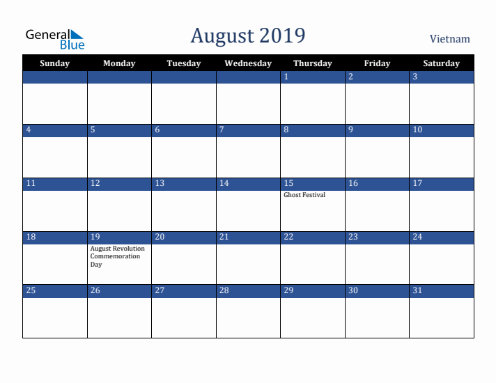 August 2019 Vietnam Calendar (Sunday Start)