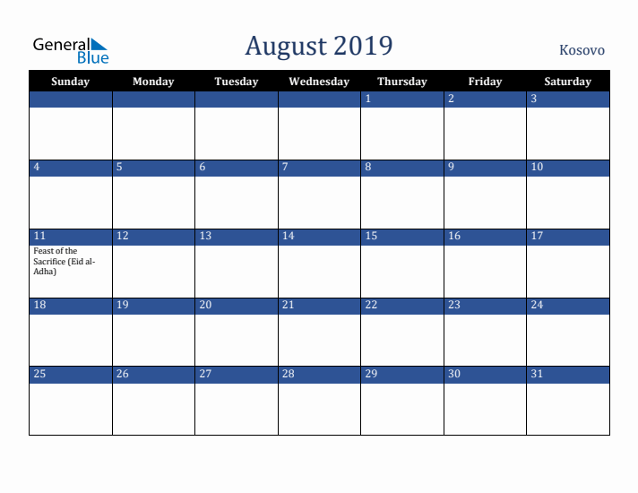 August 2019 Kosovo Calendar (Sunday Start)