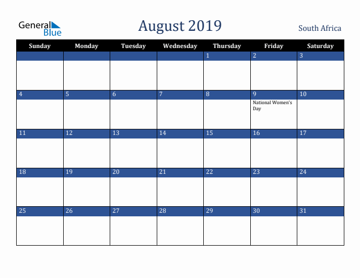 August 2019 South Africa Calendar (Sunday Start)
