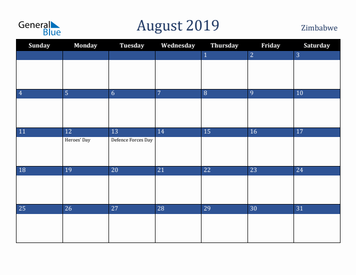 August 2019 Zimbabwe Calendar (Sunday Start)