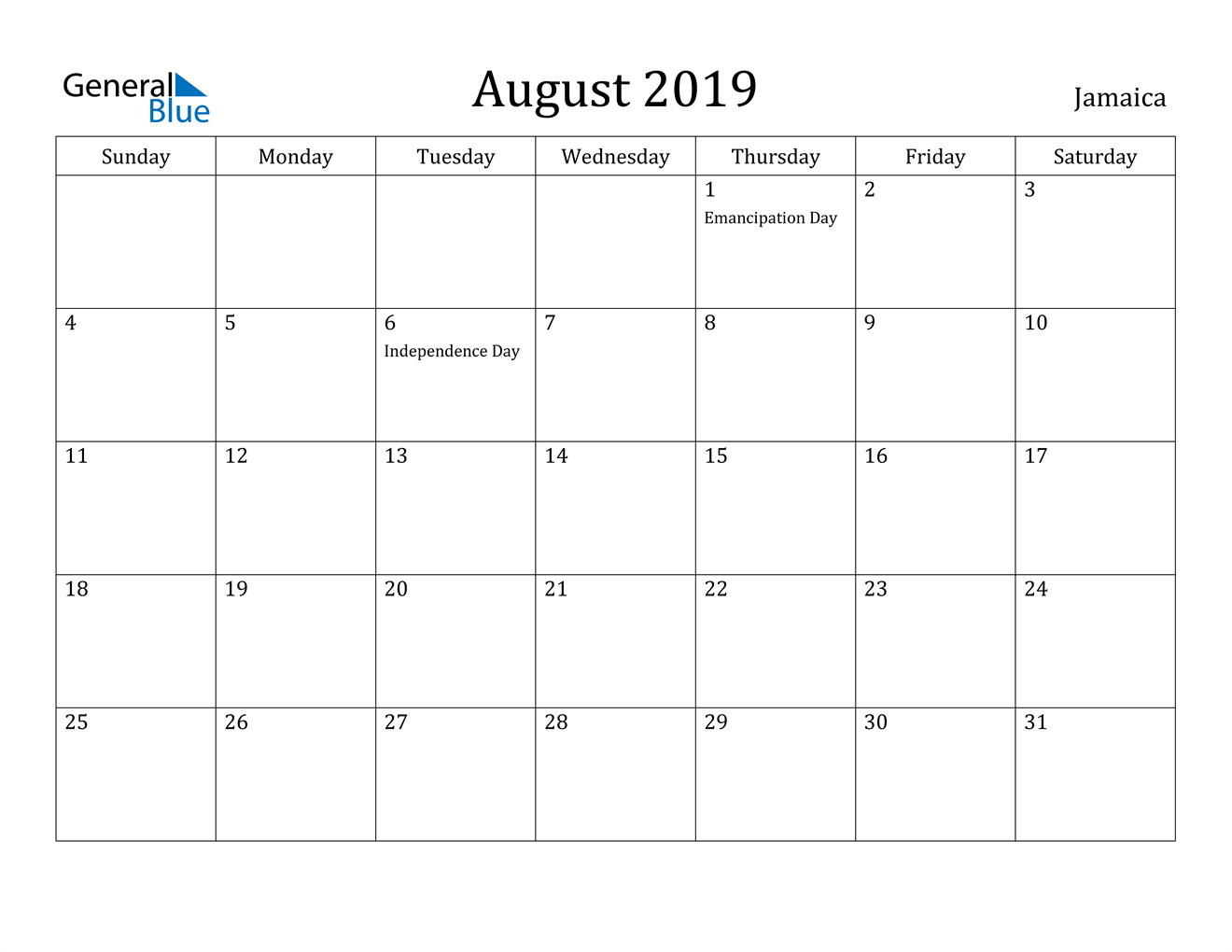 august 2019 calendar jamaica