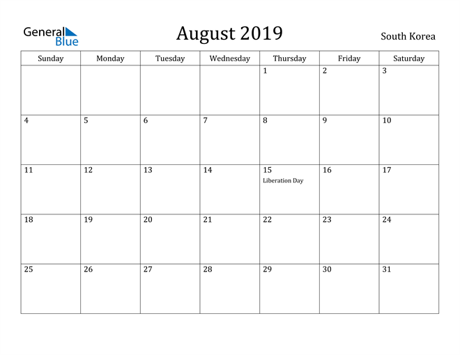 South Korea August 2019 Calendar With Holidays