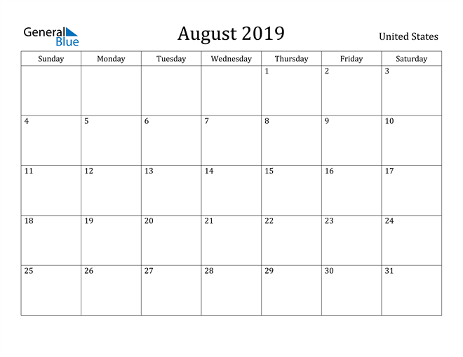 United States August 2019 Calendar with Holidays