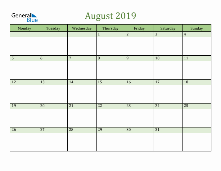 August 2019 Calendar with Monday Start
