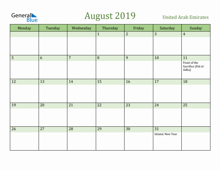 August 2019 Calendar with United Arab Emirates Holidays