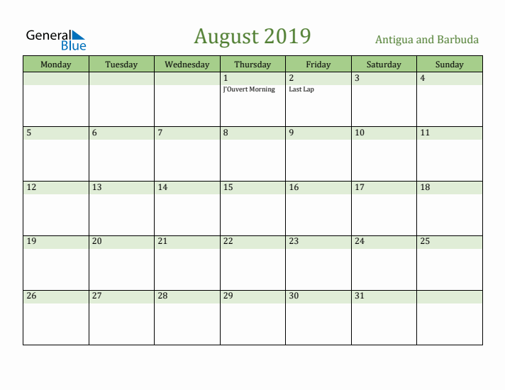 August 2019 Calendar with Antigua and Barbuda Holidays
