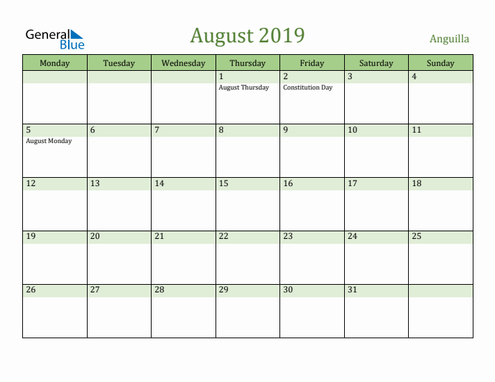 August 2019 Calendar with Anguilla Holidays
