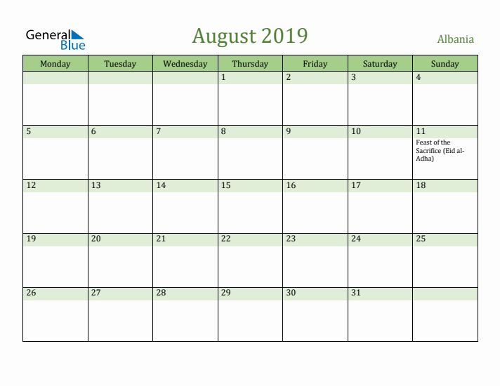 August 2019 Calendar with Albania Holidays