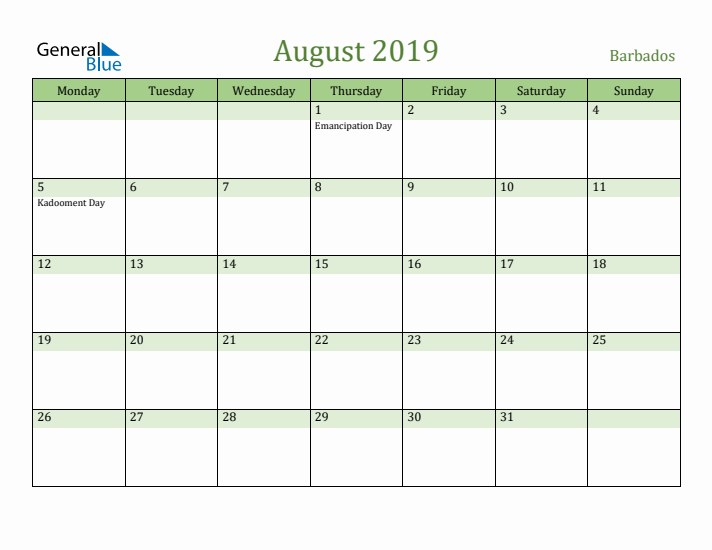 August 2019 Calendar with Barbados Holidays