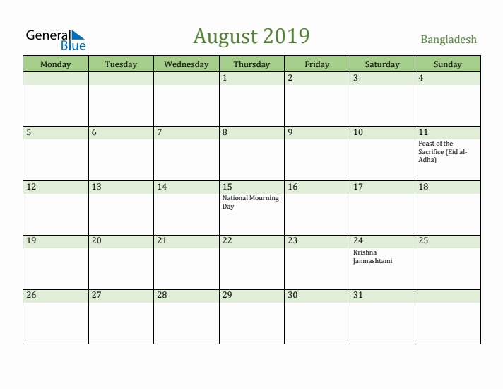 August 2019 Calendar with Bangladesh Holidays