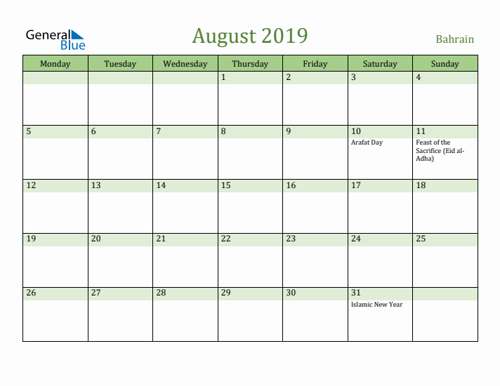 August 2019 Calendar with Bahrain Holidays
