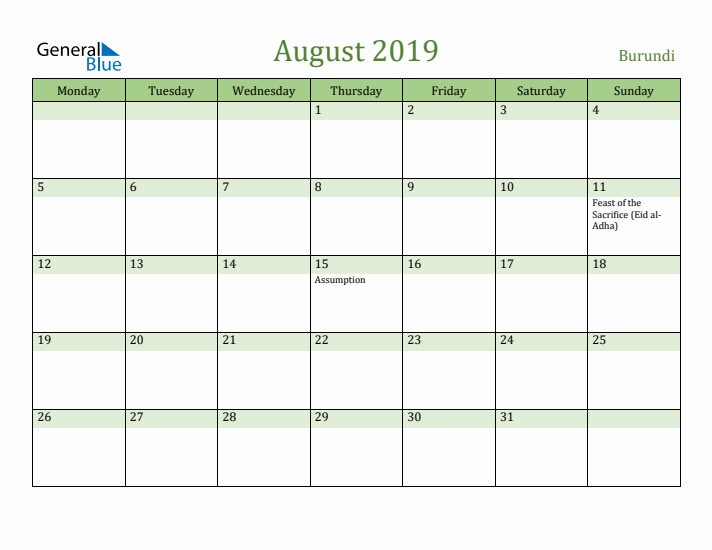 August 2019 Calendar with Burundi Holidays