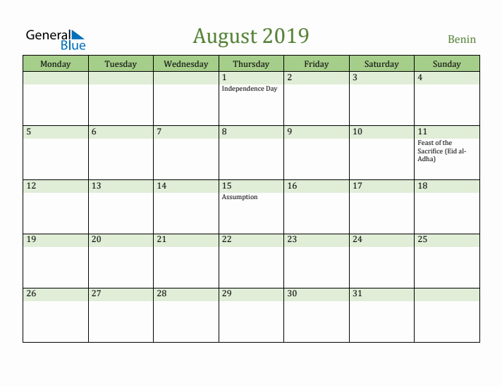 August 2019 Calendar with Benin Holidays