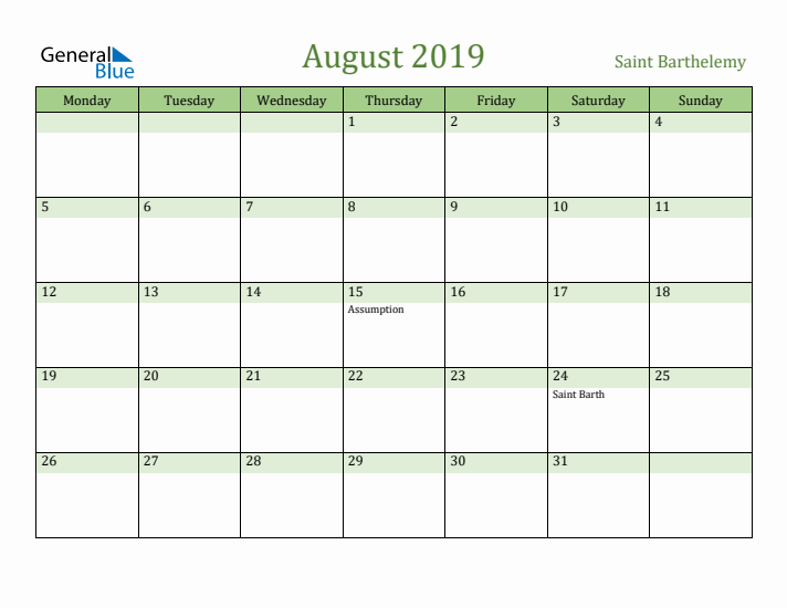 August 2019 Calendar with Saint Barthelemy Holidays