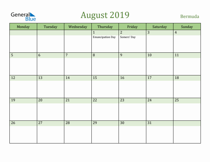 August 2019 Calendar with Bermuda Holidays