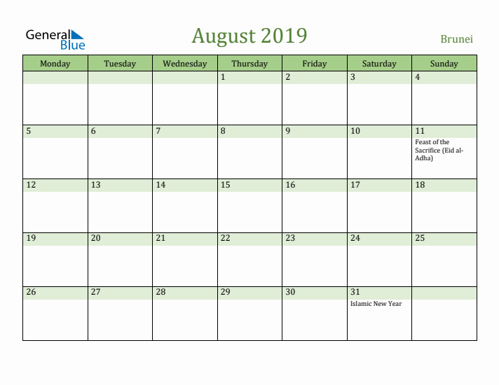 August 2019 Calendar with Brunei Holidays