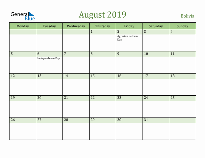 August 2019 Calendar with Bolivia Holidays