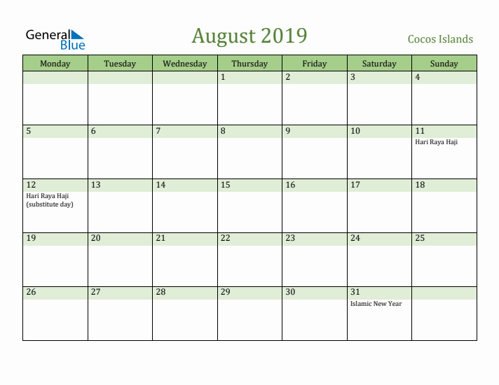 August 2019 Calendar with Cocos Islands Holidays