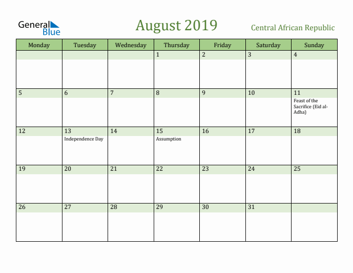August 2019 Calendar with Central African Republic Holidays