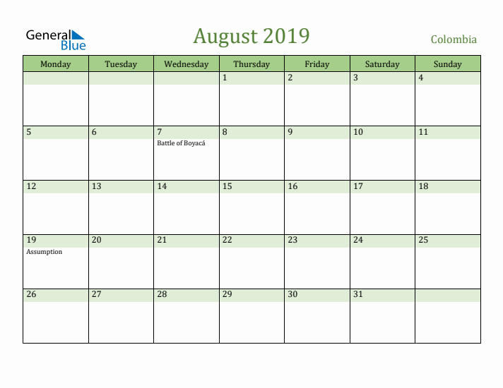 August 2019 Calendar with Colombia Holidays