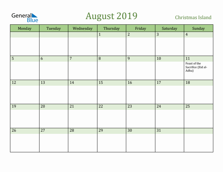 August 2019 Calendar with Christmas Island Holidays