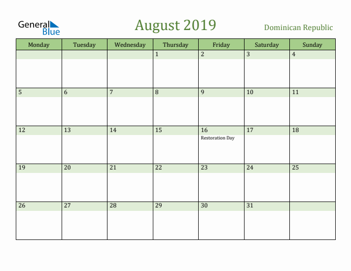 August 2019 Calendar with Dominican Republic Holidays