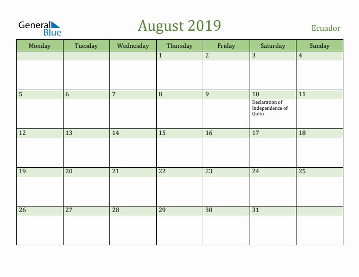 August 2019 Calendar with Ecuador Holidays
