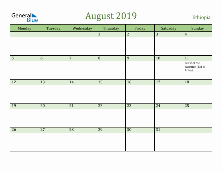 August 2019 Calendar with Ethiopia Holidays