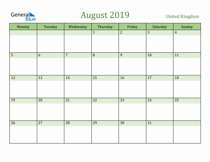 August 2019 Calendar with United Kingdom Holidays