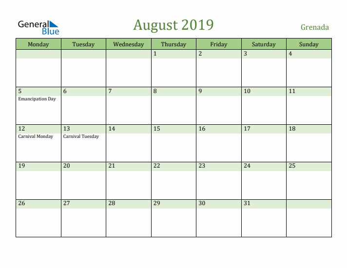August 2019 Calendar with Grenada Holidays