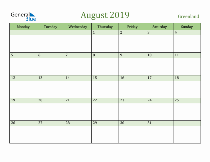 August 2019 Calendar with Greenland Holidays