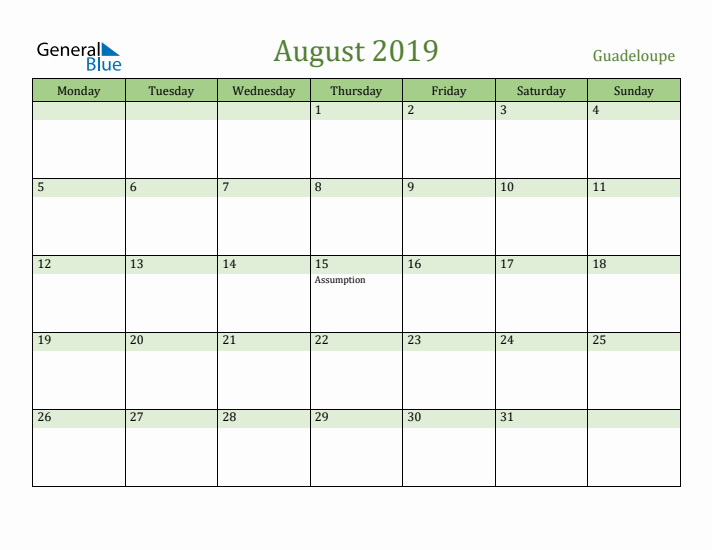 August 2019 Calendar with Guadeloupe Holidays