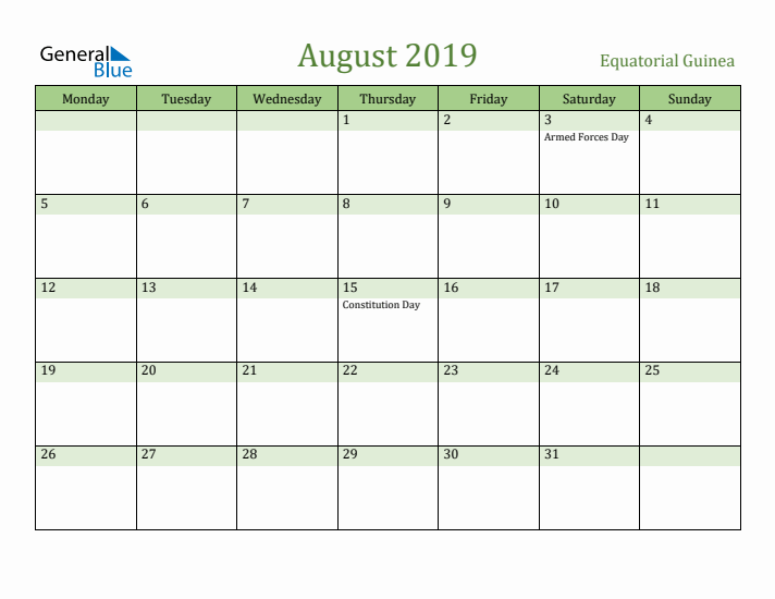 August 2019 Calendar with Equatorial Guinea Holidays