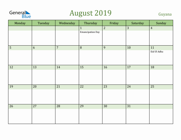 August 2019 Calendar with Guyana Holidays