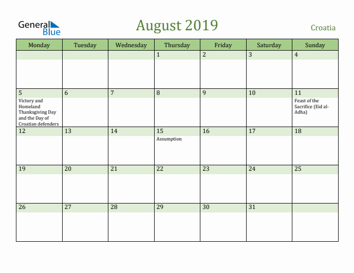 August 2019 Calendar with Croatia Holidays