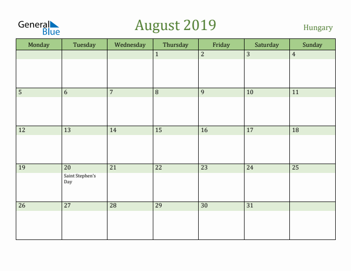 August 2019 Calendar with Hungary Holidays