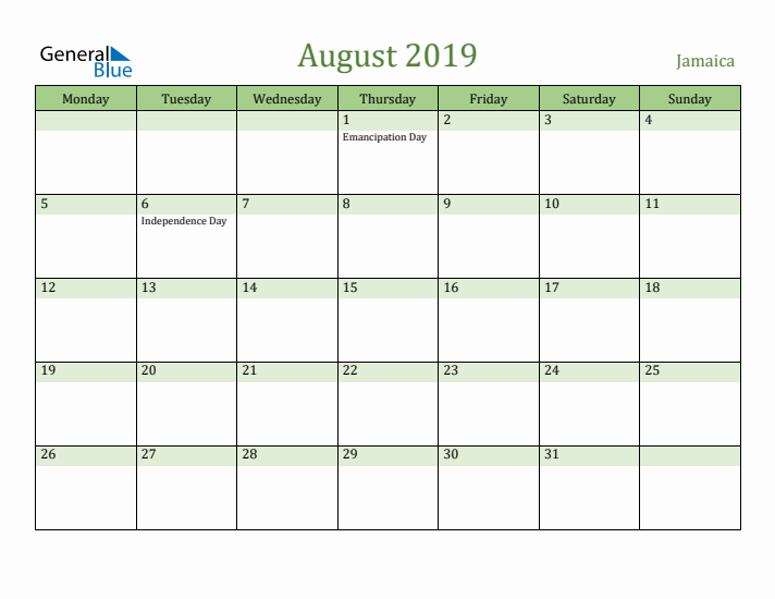 August 2019 Calendar with Jamaica Holidays