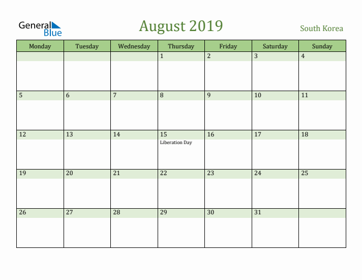 August 2019 Calendar with South Korea Holidays