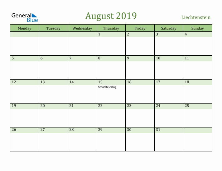 August 2019 Calendar with Liechtenstein Holidays